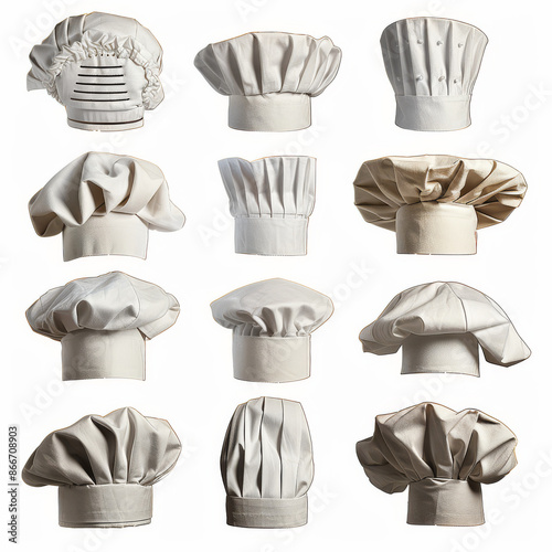 Set of 3D style icons of white chef hats, representing the professional headwear of kitchen uniforms. These vector render illustrations depict realistic, voluminous cook's or baker's caps.