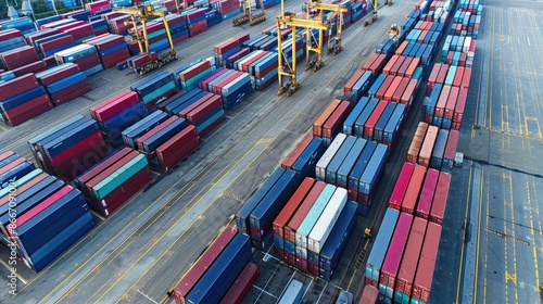 Drone shot of shipping containers in neat rows at a port, international freight management