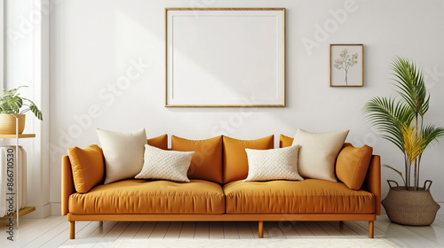Uma sala de estar aconchegante com um sofá dourado mel e uma moldura branca na parede, irradiando conforto.