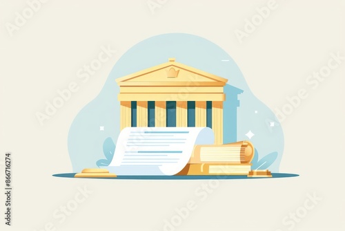 A vibrant illustration of a subpoena with legal papers and a courthouse, isolated on a clean background with room for text