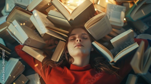 A portrait of a person with books flying out of their head, symbolizing the endless pursuit of knowledge and learning,Books swirling around the person