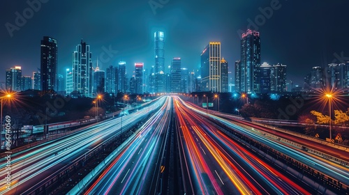 Highway to the city: Nighttime city highway with glowing headlights and dynamic light trails, culminating in a towering skyline