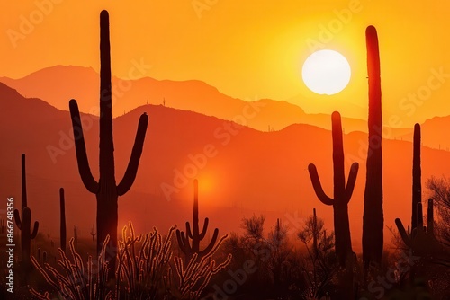 golden hour in arizona desert sundrenched landscape with iconic saguaro cacti silhouetted against vibrant orange sky rugged mountains in distance desert wildlife emerges as day turns to dusk