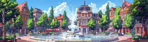 A picturesque town square with colorful buildings and lush greenery surrounding a central fountain.