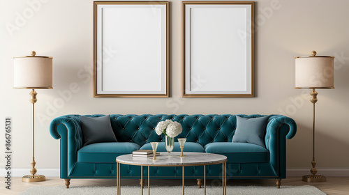 Design de quarto elegante com uma moldura sobre uma parede coral, sofá azul marinho e mesa vintage de bronze.