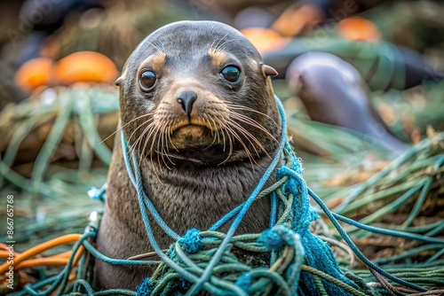 A fur seal was caught in fishing nets on the deck of a boat. Close-up. Marine animal protection concept