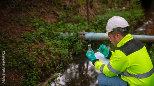 An ecologist in a green jacket sitting aside the pond try to examination the quality of water in a glass tube, the environmentalist