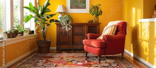 Warm and inviting living room decor featuring a stylish kilim rug, wooden sideboard, plant, yellow wall, red armchair, brown sofa, and personal accessories.