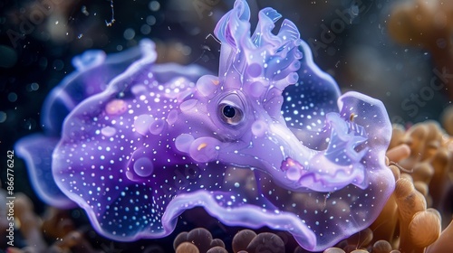Captivating close-up of a purple nudibranch with translucent cerata, nestled among coral in an underwater seascape