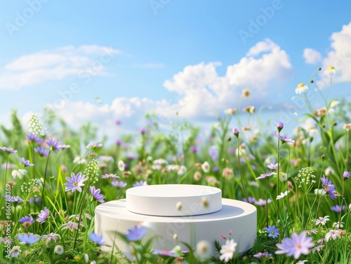 Blank product display podium with summer flowers field meadow on background. Beauty skincare cosmetics presentation. Organic natural concept.