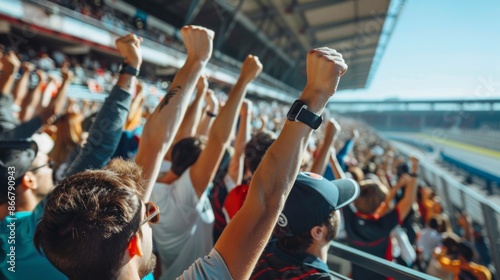 A crowd of spectators at a racetrack, with their arms raised in celebration of a victory, captured from behind