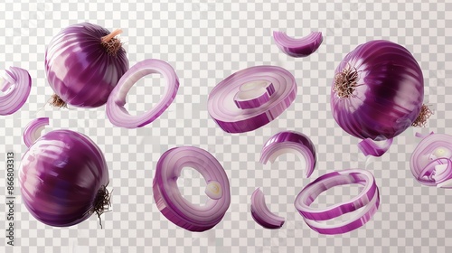 Red onion slices and rings flying in the air. Isolated on transparent background. 3d rendering.