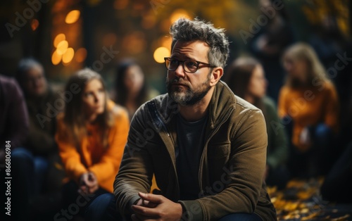 A man sits among other people in a dimly lit outdoor setting, likely participating in a support group focused on mana