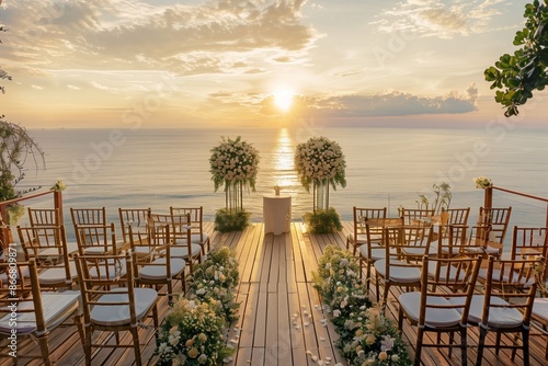 Beautifully decorated outdoor wedding ceremony with a view of the ocean at sunset 