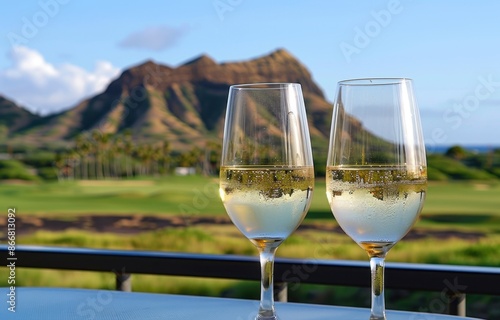 Two glasses of white wine on a table with a landscape featuring a diamond head mountain in the background Generative AI