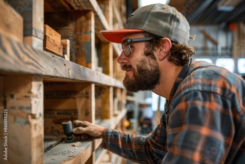 A bearded man in a plaid shirt and cap examines a shelf in a workshop.