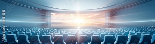 Empty cinema auditorium with rows of seats and bright screen, ready for showing films and movies in a theater environment.