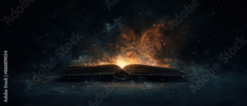 A glowing book open in the dark, magical energy surrounding it.