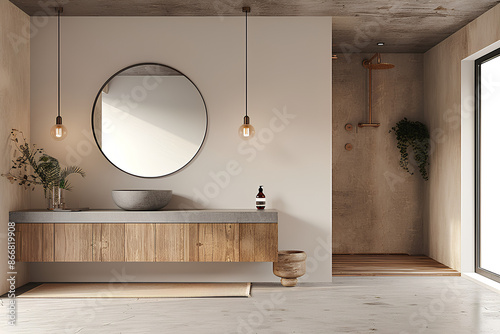 Modern bathroom with marble fixtures, light brown wood paneling, and an empty white wall on the left, light background, mockup concept. 3D Rendering 