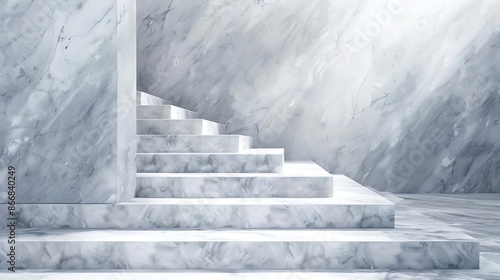 Minimalist marble staircase leading upwards against a smooth white wall.