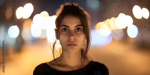 Young woman walking alone at night feeling fearful and at risk of assault. Concept Fear of Assault, Nighttime, Walking Alone, Vulnerability, Safety Measures