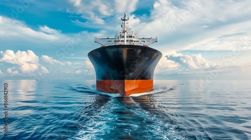 Cargo ship sailing on calm sea. A large cargo ship sails on a calm sea, with blue skies and fluffy clouds in the background.