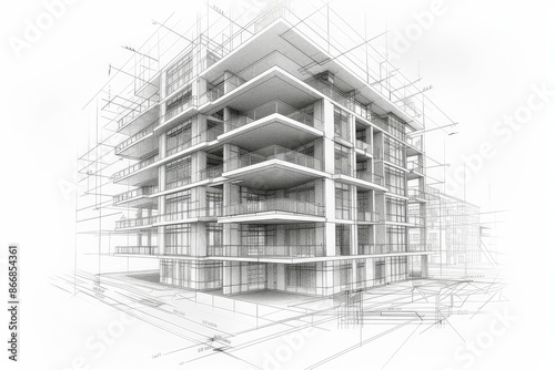 Modern Architecture building construction perspective design, building sketch line drawing on white background