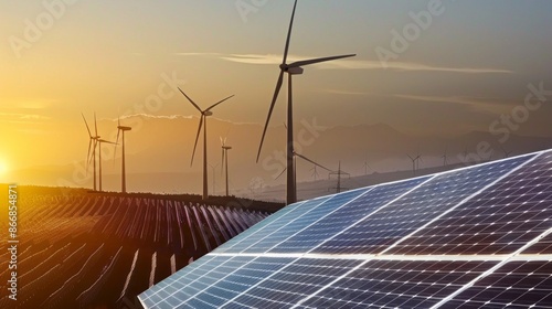 A scenic view of wind turbines and solar panels, capturing a vibrant sunset and showcasing the power of renewable energy