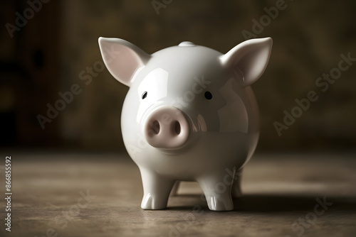 charming illustration of a plump piggy bank in the foreground, facing the viewer with its round snout and curly tail. The simple yet iconic design symbolizes savings and financial prudence