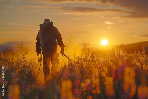 Sunset pesticide spraying in fruit orchard