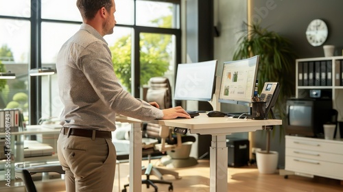 business professional using a height-adjustable desk to switch between sitting and standing while working