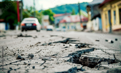 Large cracks on the asphalt road after an earthquake on a blurred background of houses and cars. Selective focus.