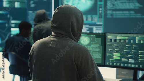 Cyber security specialist conducting cyber surveillance and threat detection in a governmental agency. Professional hackers team managing cybercrime prevention and malware detection. Camera A.