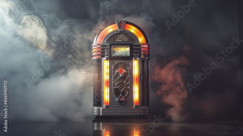 A vintage wide shot of a metallic silver jukebox in a dark grey room, with backlight and smoke creating a retro atmosphere