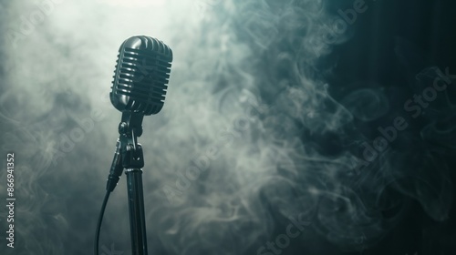 A vintage wide shot of a metallic silver microphone in a dark grey studio, with backlight and smoke enhancing the nostalgic vibe