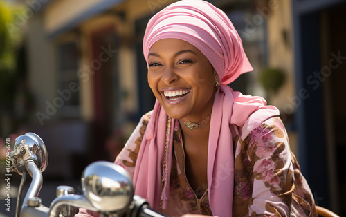 A woman in a pink headscarf smiles while sitting on a motorcycle