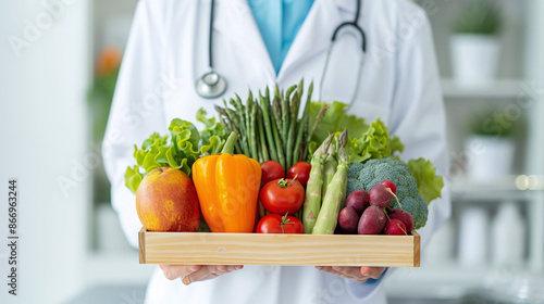 Doctor holding a bowl with fresh fruit and vegetables healthy diet prescription