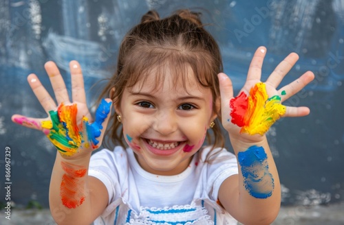 Petite fille jouant avec de la peinture, couleur