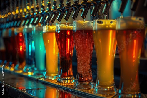 Glasses being filled with cold beer from a row of taps in a pub