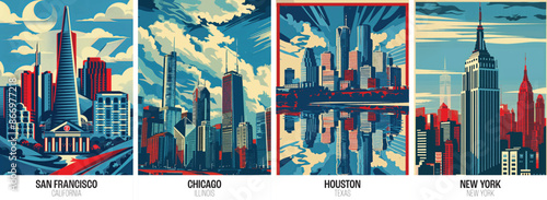 Famous American cities poster collection. USA red white and blue city prints