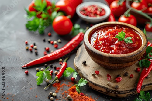 A bowl of red sauce with a bunch of red peppers and cilantro on a wooden table