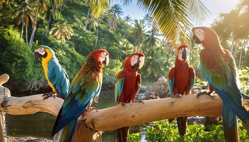 A group of colorful parrots perched on a branch in a tropical setting