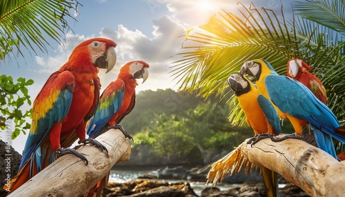 A group of colorful parrots perched on a branch in a tropical setting