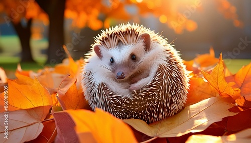 A hedgehog curled up in a ball on a bed of leaves