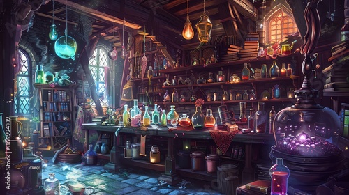 Mystical alchemy lab with colorful potions and glowing orbs.