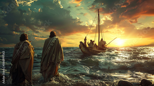 Jesus walking on water towards Peter's boat with disciples
