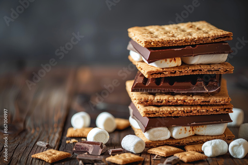 S'mores, campfire treat. A stack of graham crackers, chocolate and marshmallows stacked on top of each other on. a toasted marshmallow and a chocolate sandwiched between two pieces of graham cracker