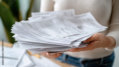 Hands holding a stack of overdue bills and debt notices