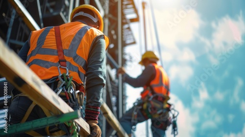 Construction workers wearing safety equipment while working at height industrial project. Fall arrestor device for worker with hooks for safety body harness on the roof structure. Safety concept.