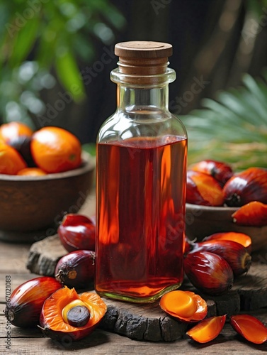 Palm Oil: A glass bottle of deep orange-red palm oil, placed next to a few palm fruits.